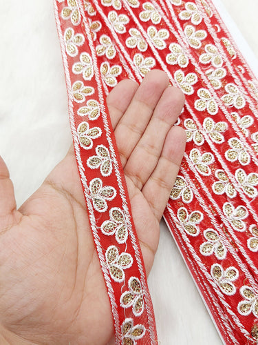 Wholesale Red Net Lace Floral Embroidery & Glitter Gold Sequins, Indian Wedding Border, Gifting Ribbon Costume Trim Fashion Trimming